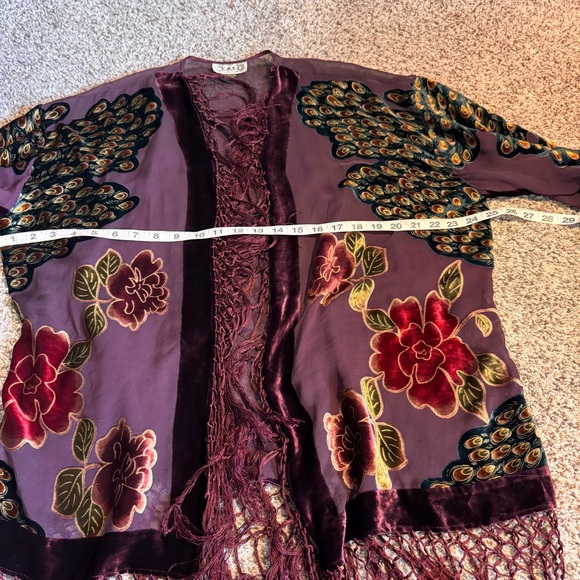 TAN Silk Blend Floral Peacock Fringe Kimono - O/S - Picture 6 of 7